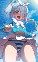  ako_suke arona_(blue_archive) ass_visible_through_thighs blue_archive blue_eyes blue_hair blue_pupils blue_sky blush braid choker cloud commentary_request day eyes_visible_through_hair female fingernails hair_over_one_eye hairband halo highres md5_mismatch mismatched_pupils navel open_mouth outdoors panties pantyshot pink_pupils red_halo resolution_mismatch sailor_collar school_uniform serafuku single_braid skirt sky solo source_larger striped_clothes striped_panties thighs underwear white_choker white_hairband white_sailor_collar white_skirt 