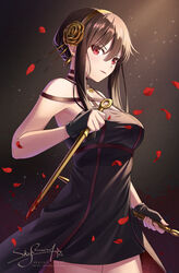  black_dress black_hair blood blood_on_weapon breasts cowboy_shot dagger dress dual_wielding earrings female flower gold_earrings gold_hairband hair_flower hair_ornament hairband highres holding holding_dagger holding_knife holding_weapon jewelry knife large_breasts red_eyes rose short_hair short_hair_with_long_locks skyrail solo spy_x_family standing two-sided_dress two-sided_fabric weapon yor_briar 