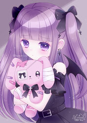  aegyo_sal bandages bandaid belt belt_buckle black_belt black_bow black_shirt black_skirt black_wings blunt_bangs bow buckle commentary_request cross cross_earrings demon_wings earrings eyepatch female hairbow highres himetsuki_luna hugging_object jewelry jirai_kei latin_cross long_hair original pleated_skirt purple_eyes purple_hair shirt signature skirt sleeveless sleeveless_shirt solo stuffed_animal stuffed_rabbit stuffed_toy tears twitter_username two_side_up very_long_hair wings 