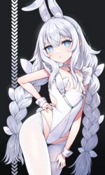  +_+ :&lt; absurdres animal_ear_fluff animal_ears azur_lane black_background blue_eyes braid breasts closed_mouth collarbone commentary_request covered_navel fake_animal_ears female hair_between_eyes hair_ribbon hairband hand_on_own_hip highres le_malin_(azur_lane) le_malin_(listless_lapin)_(azur_lane) leotard long_hair low_twintails official_alternate_costume pantyhose playboy_bunny rabbit_ears ribbon shibainu sidelocks small_breasts solo twin_braids twintails very_long_hair white_hair white_hairband white_leotard white_pantyhose white_ribbon wrist_cuffs 