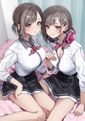  2girls absurdres arm_support black_skirt blue_eyes blush bow bowtie breasts chigusa_minori cleavage collared_shirt commentary_request cover cover_image dress_shirt futago_matomete_kanojo_ni_shinai? grey_hair hair_behind_ear hair_ornament headphones headphones_around_neck highres indoors large_breasts looking_at_viewer multiple_girls novel_illustration official_art parted_lips pleated_skirt red_bow red_bowtie red_brooch school_uniform second-party_source shirt short_hair short_ponytail siblings sidelocks sisters sitting skirt smile star_(symbol) star_hair_ornament textless_version twins usami_chikage usami_hikari white_shirt 