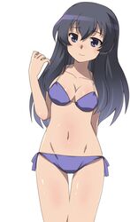  arm_behind_back bikini bikini_day black_hair blue_eyes breasts cleavage closed_mouth commentary_request cowboy_shot eclair_(girls_und_panzer) female girls_und_panzer girls_und_panzer_gekitou!_maginot-sen_desu!! groin halterneck highres long_hair looking_at_viewer medium_breasts navel one-hour_drawing_challenge osamada_meika partial_commentary purple_bikini side-tie_bikini_bottom simple_background smile solo standing swimsuit thigh_gap white_background 