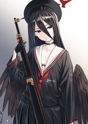  beret black_choker black_hair black_hat black_skirt black_wings blue_archive choker closed_mouth collarbone feathered_wings female hasumi_(blue_archive) hat highres long_hair long_sleeves neckerchief pleated_skirt red_eyes red_neckerchief sailor_collar shimotsuki_eight signature skirt solo white_sailor_collar wings 