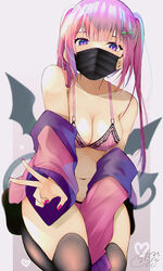  bare_shoulders black_thighhighs black_wings bra breasts chita_(ketchup) cleavage collarbone commentary_request demon_girl demon_tail demon_wings female grey_background hair_ornament hairclip heart highres jacket long_hair long_sleeves looking_at_viewer mask medium_breasts mouth_mask nail_polish navel no_shoes off_shoulder open_clothes open_jacket original panties pink_bra pink_hair pink_jacket pink_panties purple_nails signature sleeves_past_wrists solo surgical_mask tail thighhighs twintails underwear very_long_hair wings x_hair_ornament 