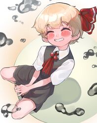  ascot black_skirt black_vest blonde_hair blush bow closed_eyes collared_shirt female frogsnake grin hairbow happy medium_skirt nail_polish red_nails rumia sharp_teeth shirt short_hair sitting skirt smile solo teeth thighs touhou v_arms vest waistcoat wavy_hair white_shirt 