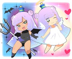  2girls :d ;) angel angel_and_devil bad_id bad_twitter_id bare_arms bare_shoulders black_legwear black_leotard black_wings blue_hair blue_headwear blush_stickers commentary_request covered_navel detached_wings double_bun dress dual_persona gradient_hair green_eyes hair_bun halo hand_up hat heart hiro_hiroki holding leotard mini_hat mini_wings multicolored_hair multiple_girls no_shoes oerba_yun_fang one_eye_closed polearm puniru_(puniru_wa_kawaii_slime) puniru_wa_kawaii_slime purple_hair shoes sleeveless sleeveless_dress smile socks sparkle star_(symbol) translated trident v weapon white_dress white_footwear white_wings wings 