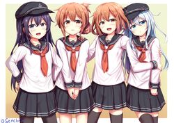  4boys akatsuki_(kancolle) akatsuki_(kancolle)_(cosplay) black_headwear black_pantyhose black_sailor_collar black_skirt black_thighhighs blue_eyes blue_hair brown_eyes brown_hair commentary_request cosplay crossdressing hibiki_(kancolle) hibiki_(kancolle)_(cosplay) highres ikazuchi_(kancolle) ikazuchi_(kancolle)_(cosplay) inazuma_(kancolle) inazuma_(kancolle)_(cosplay) kantai_collection long_hair long_sleeves male_focus mixed-language_commentary multiple_boys neckerchief original otoko_no_ko pantyhose pleated_skirt purple_eyes purple_hair red_neckerchief sailor_collar school_uniform senchimee serafuku shirt short_hair skirt thighhighs twitter_username uniform white_shirt 