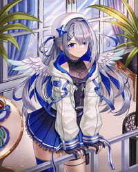  absurdres amane_kanata amane_kanata_(work) angel angel_wings beret blue_hair colored_inner_hair cup curtains feathered_wings female food frills gloves grey_hair hair_ornament hairclip hat highres hololive hood hoodie jacket jewelry long_hair macaron melreon multicolored_hair necklace official_alternate_costume official_alternate_hair_length official_alternate_hairstyle partially_fingerless_gloves plant purple_eyes single_thighhigh smile solo teacup thighhighs two_side_up virtual_youtuber window wings zettai_ryouiki 