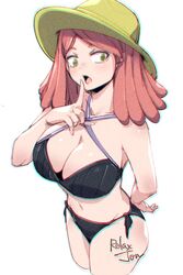  arm_behind_back artist_name bare_shoulders bikini black_bikini boku_no_hero_academia breasts collarbone cropped_legs female finger_to_mouth hat hatsume_mei large_breasts navel open_mouth pink_hair relaxjon side-tie_bikini_bottom simple_background solo swimsuit thighs white_background yellow_eyes 