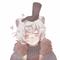  1boy 1other ahoge animal_ears arknights bear_boy bear_ears bishounen black_gloves blush closed_eyes fur_collar gloves grey_hair headpat heart jacket jaye_(arknights) male_focus short_hair solo_focus turtleneck user_wgha2444 