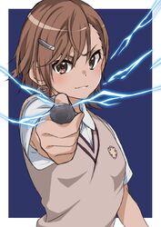  action aiming aiming_at_viewer attack blue_background blush border brown_eyes brown_hair brown_sweater brown_sweater_vest brown_vest closed_mouth coin commentary_request electricity electrokinesis emblem female hair_ornament hairclip highres holding holding_coin incoming_attack looking_at_viewer medium_hair misaka_mikoto nyanmaru_(ememing) outside_border outstretched_arm psychic railgun_(misaka_mikoto) school_emblem school_uniform science_fiction shirt short_sleeves simple_background sleeveless sleeveless_sweater smile solo summer_uniform sweater sweater_vest toaru_kagaku_no_railgun toaru_majutsu_no_index tokiwadai_school_uniform upper_body vest white_border white_shirt 