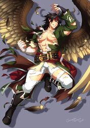  1boy abs bara bare_pectorals belt black_hair boots bulge crescentia_fortuna exploding_clothes feathered_wings feathers fire_emblem fire_emblem:_radiant_dawn full_body green_jacket jacket knee_boots large_pectorals leather_belt male_focus medium_hair muscular muscular_male navel nipples pants pectorals pointy_ears shirt sidelocks smile solo stomach thick_thighs thighs tibarn_(fire_emblem) torn_clothes torn_pants torn_shirt wings yellow_eyes 