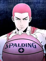  1boy ball basketball basketball_(object) basketball_uniform black_eyes buzz_cut chris_re5 commentary_request male_focus red_hair sakuragi_hanamichi serious short_hair signature slam_dunk_(series) solo spalding sportswear twitter_username upper_body v-shaped_eyebrows very_short_hair 