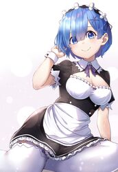  blue_eyes blue_hair breasts eyes_visible_through_hair female frilled_sleeves frills hair_ornament hair_ribbon hand_in_own_hair highres looking_at_viewer m.tokotsu maid maid_headdress purple_ribbon re:zero_kara_hajimeru_isekai_seikatsu rem_(re:zero) ribbon ribbon-trimmed_clothes ribbon_trim roswaal_mansion_maid_uniform short_hair simple_background smile solo white_background x_hair_ornament 