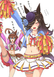  2girls abo_(hechouchou) ahoge animal_ears arms_up blue_eyes breasts cheerleader closed_eyes commentary cosplay hair_between_eyes hair_over_one_eye hat headband horse_ears horse_girl horse_tail jacket large_breasts midriff mihono_bourbon_(umamusume) multiple_girls navel nice_nature_(run&amp;win)_(umamusume) nice_nature_(umamusume) nice_nature_(umamusume)_(cosplay) pink_shorts pom_pom_(cheerleading) rice_shower_(umamusume) shorts shorts_under_skirt simple_background tail translated umamusume white_background 