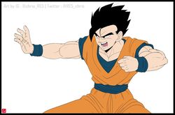  1boy black_border black_eyes black_hair border chris_re5 clenched_hand commentary dougi dragon_ball dragon_ball_z fighting_stance flat_color instagram_username male_focus muscular muscular_male open_mouth signature solo son_gohan spiked_hair teeth twitter_username wristband 