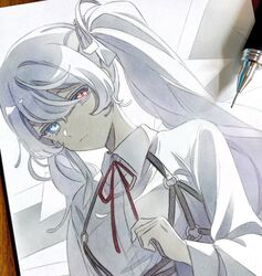  25-ji_miku aqua_eyes art_tools_in_frame backlighting chest_harness clenched_hand closed_mouth colored_pencil_(medium) dot_nose expressionless eyelashes female flat_chest graphite_(medium) hair_between_eyes hair_ribbon hand_up harness hatsune_miku heterochromia highres long_eyelashes long_hair looking_at_viewer looking_down neck_ribbon pato_(ptro) photo_(medium) project_sekai red_eyes red_ribbon ribbon solo traditional_media tsurime twintails upper_body very_long_hair vocaloid white_hair white_ribbon 