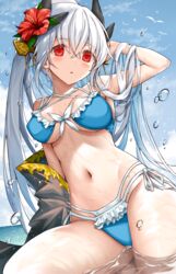  arm_up armpits bikini blue_bikini blue_sky blush breasts chinese_commentary cleavage commentary_request day fate/grand_order fate_(series) female flower frilled_bikini frills front-tie_bikini_top front-tie_top hair_between_eyes hair_flower hair_ornament hand_in_own_hair hibiscus highres horns kiyohime_(fate) kiyohime_(swimsuit_lancer)_(fate) kiyohime_(swimsuit_lancer)_(third_ascension)_(fate) layered_bikini long_hair looking_at_viewer medium_breasts morizono_shiki navel outdoors red_eyes red_flower ribbon shallow_water side-tie_bikini_bottom sitting sky solo stomach swimsuit thighs very_long_hair water water_drop wet white_hair white_ribbon 