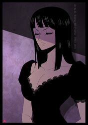  black_border black_dress black_hair blunt_bangs border breasts chris_re5 cleavage closed_eyes collarbone commentary dress female frown large_breasts long_hair nico_robin one_piece purple_background shade sidelocks signature solo twitter_username upper_body v-shaped_eyebrows 