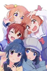  5girls :d ;d absurdres ahoge blue_dress blue_eyes blue_hair blush brown_eyes brown_hair commentary commentary_request company_connection crossover demon_girl demon_horns double-parted_bangs dress hair_between_eyes hair_bun hair_ornament hat highres horns hoshino_hinata koisuru_asteroid konohata_mira long_hair long_sleeves looking_at_viewer machikado_mazoku manga_time_kirara minagi_hiyori motosu_school_uniform multiple_crossover multiple_girls murairamuraiari oerba_yun_fang one_eye_closed one_side_up open_mouth orange_hair pinafore_dress pink_eyes purple_eyes sailor_collar school_uniform shima_rin shirt short_hair simple_background single_hair_bun skin_fang sleeveless sleeveless_dress slow_loop smile star_(symbol) star_hair_ornament watashi_ni_tenshi_ga_maiorita! white_background white_shirt yellow_eyes yoshida_yuuko_(machikado_mazoku) yurucamp 