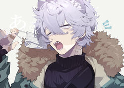  1boy absurdres animal_ears arknights bags_under_eyes bear_boy bear_ears bishounen fangs fur_collar grey_hair highres jacket jaye_(arknights) male_focus mask mask_pull nekoma_hikaru oerba_yun_fang open_mouth short_hair sleepy solo sweater turtleneck turtleneck_sweater unworn_mask upper_body 