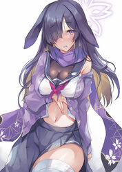  animal_ears blue_archive blush breasts cleavage female hair_over_one_eye halo inoue_takuya_(tactactak) large_breasts long_sleeves looking_at_viewer lop_rabbit_ears navel one_eye_covered parted_lips pleated_skirt purple_eyes purple_hair purple_skirt rabbit_ears school_uniform see-through see-through_cleavage serafuku shy simple_background skirt solo thighhighs thighs tsukuyo_(blue_archive) white_background white_thighhighs 