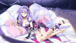  absurdres armlet bandaged_arm bandages bare_legs bare_shoulders barefoot blush breasts chinese_commentary cleavage closed_mouth commentary commentary_request dress feet female fingerless_gloves fled full_body gloves hair_between_eyes hair_flaps hair_ornament hairband heart highres honkai_(series) honkai_impact_3rd leg_ribbon legs long_hair looking_at_viewer lying medium_breasts on_bed on_side partial_commentary pillow purple_hair ribbon sidelocks sirin sirin_(miracle_magical_girl) sky smile solo star_(sky) starry_sky symbol-shaped_pupils thigh_strap thighs toes very_long_hair white_dress yellow_eyes 