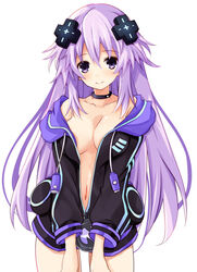  adult_neptune bare_shoulders black_choker black_jacket blush breasts breasts_squeezed_together choker cleavage commentary_request cowboy_shot d-pad d-pad_hair_ornament female hair_between_eyes hair_ornament hands_on_own_thighs hood hooded_jacket iwashi_dorobou_-r- jacket long_hair looking_at_viewer medium_breasts navel neptune_(series) no_bra no_pants off_shoulder partially_unzipped purple_eyes purple_hair smile solo unzipped usb very_long_hair 