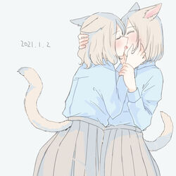  2girls animal_ears arm_grab blue_shirt blush cat_ears cat_girl cat_tail closed_eyes collared_shirt commentary_request cowboy_shot facing_another french_kiss grey_hair grey_skirt head_hold inutose kissing long_sleeves medium_hair multiple_girls original school_uniform shirt simple_background skirt standing tail yuri 