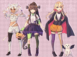  3girls animal argyle_background basket black_bow black_bowtie black_footwear black_skirt blonde_hair blue_eyes boots bow bowtie brown_eyes brown_hair buttons canine cape closed_mouth commentary cross-laced_footwear dark-skinned_female dark_skin flower full_body hair_between_eyes hair_flower hair_ornament halloween halloween_costume highres himeyamato horns iowa_(kancolle) kantai_collection lace-up_boots long_hair long_sleeves looking_at_viewer multiple_girls mummy mummy_costume musashi_(kancolle) open_mouth orange_shorts patchwork_clothes patchwork_skin pink_flower pointy_hair ponytail purple_footwear red_eyes shirt shoes short_sleeves shorts skirt striped_clothes striped_thighhighs thighhighs two_side_up vampire vampire_costume vertical-striped_clothes vertical-striped_thighhighs victory_(dog) white_shirt yamato_(kancolle) 