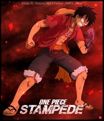  1boy abs angry bare_pectorals black_hair blood blood_on_hands chris_re5 clenched_hands clenched_teeth commentary constricted_pupils full_body haki hat hat_on_back male_focus monkey_d._luffy one_piece one_piece:_stampede open_clothes open_shirt pectorals red_background sandals scar scar_on_chest shorts signature solo straw_hat teeth 