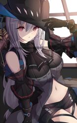  arknights ascot bare_shoulders black_ascot black_gloves black_headwear breasts clothing_cutout commentary female gloves grey_hair hair_between_eyes highres large_breasts long_hair looking_at_viewer navel red_eyes skadi_(arknights) skadi_(elite_ii)_(arknights) solo stratoz thigh_cutout thighs very_long_hair 