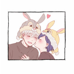  1boy animal_hat bad_id bad_pixiv_id black_shirt blush brown_shirt facing_another female fur-trimmed_headwear fur_trim grey_hair hand_up hat heart kaneki_ken kirishima_touka open_mouth rabbit_hat shirt short_hair simple_background straight tokyo_ghoul tokyo_ghoul:re toukaairab upper_body white_background 