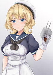  adapted_turret blonde_hair blue_eyes blue_sailor_collar braid breasts cannon colorado_(kancolle) cosplay dress female gloves hat highres jervis_(kancolle) jervis_(kancolle)_(cosplay) kantai_collection koru_pera large_breasts sailor_collar sailor_dress sailor_hat short_hair side_braids solo upper_body white_dress white_gloves white_hat 