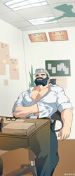  1boy absurdres arm_hair bara beard chest_hair collared_shirt desk facial_hair feet_out_of_frame hairy hidden_hero_(o2h) highres incredibly_absurdres indoors large_pectorals male_focus mature_male moustache muscular muscular_male navel_hair o2h_(oblivionh) original partially_unbuttoned pectoral_cleavage pectorals salaryman scratching_stomach shirt sideburns sleepy solo spread_legs thick_eyebrows thick_mustache thick_thighs thighs 