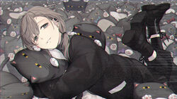  1boy absurdres black_footwear black_jacket black_legwear black_pants brown_hair clip_studio_paint_(medium) commentary ear_piercing earrings grey_eyes grey_sweater hair_between_eyes hair_over_shoulder highres hugging_object jacket jewelry jh kanae_(nijisanji) long_hair long_sleeves looking_at_viewer low_ponytail male_focus nijisanji pants parted_lips piercing ponytail roto_(kanae) shoes socks stud_earrings stuffed_animal stuffed_cat stuffed_toy sweater turtleneck turtleneck_sweater virtual_youtuber 