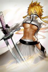  arrancar bleach blonde_hair breasts dark-skinned_female dark_skin female green_eyes highres holding holding_sword holding_weapon hyuu_(sing-dog) large_breasts long_hair navel solo sword tier_harribel underboob weapon zanpakutou 