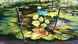  absurdres advarcher highres kimetsu_no_yaiba lily_pad multiple_swords no_humans painterly scenery sword water_lily_flower weapon 