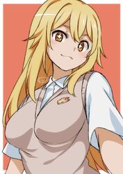  blonde_hair blush border breasts brown_vest closed_mouth commentary_request female highres large_breasts long_hair looking_at_viewer nyanmaru_(ememing) orange_background outside_border school_uniform shirt shokuhou_misaki short_sleeves simple_background smile solo sparkling_eyes summer_uniform sweater_vest symbol-shaped_pupils toaru_kagaku_no_railgun toaru_majutsu_no_index tokiwadai_school_uniform upper_body vest white_border white_shirt yellow_eyes 