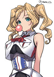  blonde_hair blowing_bubbles blue_eyes breasts chewing_gum crop_top drill_hair female highres honolulu_(kancolle) honolulu_kai_(kancolle) kantai_collection large_breasts long_hair military military_uniform one-hour_drawing_challenge simple_background solo twin_drills twintails twitter_username uniform upper_body white_background yamano_rita 