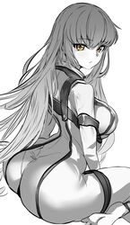  absurdres ass barefoot blue_theme bodysuit breasts c.c. closed_mouth code_geass commentary female from_side greyscale highres large_breasts long_hair looking_at_viewer looking_to_the_side metsu_end monochrome simple_background sitting soles solo spot_color straitjacket torn_clothes very_long_hair wardrobe_malfunction wariza white_background yellow_eyes 