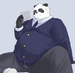  2023 absurd_res anthro barazoku bari_mu bear belly big_belly black_body black_nose bottomwear clothing giant_panda hi_res humanoid_hands kemono male mammal necktie overweight overweight_male pants shirt simple_background sitting solo topwear white_body 