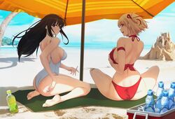  2girls absurdres ass barefoot beach beach_towel beach_umbrella bikini black_hair blonde_hair blue_sky bottle breasts cloud cooler day feet floating_hair full_body green_tea highres ice ice_cube inoue_takina large_breasts long_hair lycoris_recoil medium_breasts multiple_girls nishikigi_chisato one-piece_swimsuit outdoors palm_tree plastic_bottle purple_eyes ramune red_bikini red_eyes sand_castle sand_sculpture short_hair sitting sky solar_(happymonk) swimsuit tea towel tree umbrella white_one-piece_swimsuit 