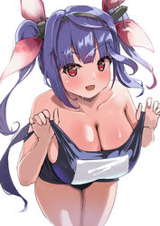  absurdres blue_hair blue_one-piece_swimsuit blunt_bangs blush breasts cleavage commentary commission female hair_ornament hair_ribbon highres i-19_(kancolle) kantai_collection large_breasts leaning_forward legs_together long_hair looking_at_viewer name_tag one-piece_swimsuit open_mouth pisagi pixiv_commission red_eyes ribbon school_swimsuit simple_background smile solo sweat sweatdrop swimsuit tri_tails twintails upper_body variant_set white_background 