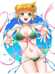  :d absurdres alternate_costume bikini breasts cleavage double_bun female fire_emblem fire_emblem:_the_binding_blade flower green_bikini green_eyes hair_bun hair_flower hair_ornament highres larum_(fire_emblem) looking_at_viewer medium_breasts open_mouth orange_hair outstretched_arms short_hair smile sunflower sunflower_hair_ornament swimsuit tsukimura_(d24f4z8j3t) 