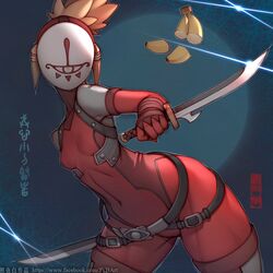  banana belt blonde_hair blue_background bodysuit breasts chinese_commentary covered_face covered_navel dagger dual_wielding facebook_username female food fruit holding holding_dagger holding_knife holding_weapon knife leaning_to_the_side mask ponytail red_bodysuit reverse_grip small_breasts solo the_legend_of_zelda the_legend_of_zelda:_breath_of_the_wild weapon web_address wide_hips yiga_clan yiga_clan_footsoldier zhaoyebai 