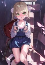  aged_down backpack bag bandaid bandaid_on_knee bandaid_on_leg blonde_hair blue_dress blunt_bangs blush chair classroom commentary crime_prevention_buzzer cuffs desk dress feet_out_of_frame female flute green_eyes hair_ornament handcuffs hands_up highres holding holding_handcuffs indie_virtual_youtuber indoors instrument kanzarin kneehighs long_sleeves looking_at_viewer on_desk open_mouth pinafore_dress pleated_dress pom_pom_(clothes) pom_pom_hair_ornament randoseru red_bag school_chair school_desk school_uniform shigure_ui_(vtuber) shigure_ui_(vtuber)_(young) shirt short_hair single_sock sitting sleeveless sleeveless_dress smile socks solo unworn_socks virtual_youtuber white_shirt white_socks 