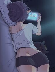  ass back bare_shoulders bed_sheet butt_crack female from_behind highres hololive hololive_english lying moral_cacoethes ninomae_ina&#039;nis ninomae_ina&#039;nis_(loungewear) nintendo_switch official_alternate_costume official_alternate_hair_length official_alternate_hairstyle on_bed on_side pillow playing playing_games pointy_ears purple_hair short_hair shorts shoulder_blades solo takodachi_(ninomae_ina&#039;nis) thighs virtual_youtuber 