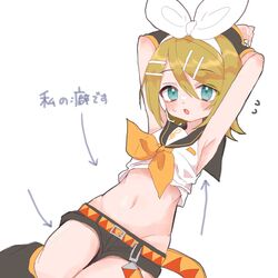  aqua_eyes armpits arms_up arrow_(symbol) bare_shoulders black_leg_warmers black_shorts black_sleeves blonde_hair bow breasts detached_sleeves female flat_chest flying_sweatdrops hair_ornament hairbow hairclip headphones headset highres kagamine_rin leg_warmers light_blush looking_at_viewer midriff navel neckerchief nnc225 open_mouth sailor_collar shirt shirt_rolled_up shorts sideboob skinny sleeveless sleeveless_shirt solo sweatdrop translated treble_clef twitter_username vocaloid white_bow yellow_neckerchief 