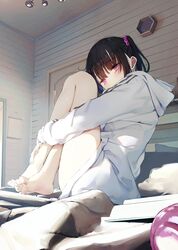  bare_legs bare_legs_girl_(kamizaki_hibana) barefoot black_hair ceiling commentary_request crossed_ankles day feet female from_below from_side grey_hoodie hair_bobbles hair_ornament hood hood_down hoodie hugging_own_legs indoors kamizaki_hibana long_hair long_sleeves looking_at_viewer looking_to_the_side no_pants original pink_eyes side_ponytail sitting soles solo toes 